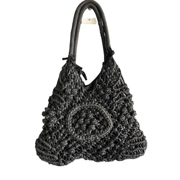 Clever Carriage Company Womens Black Crocheted Positano Hand Macrame Satchel Bag - Picture 2 of 11